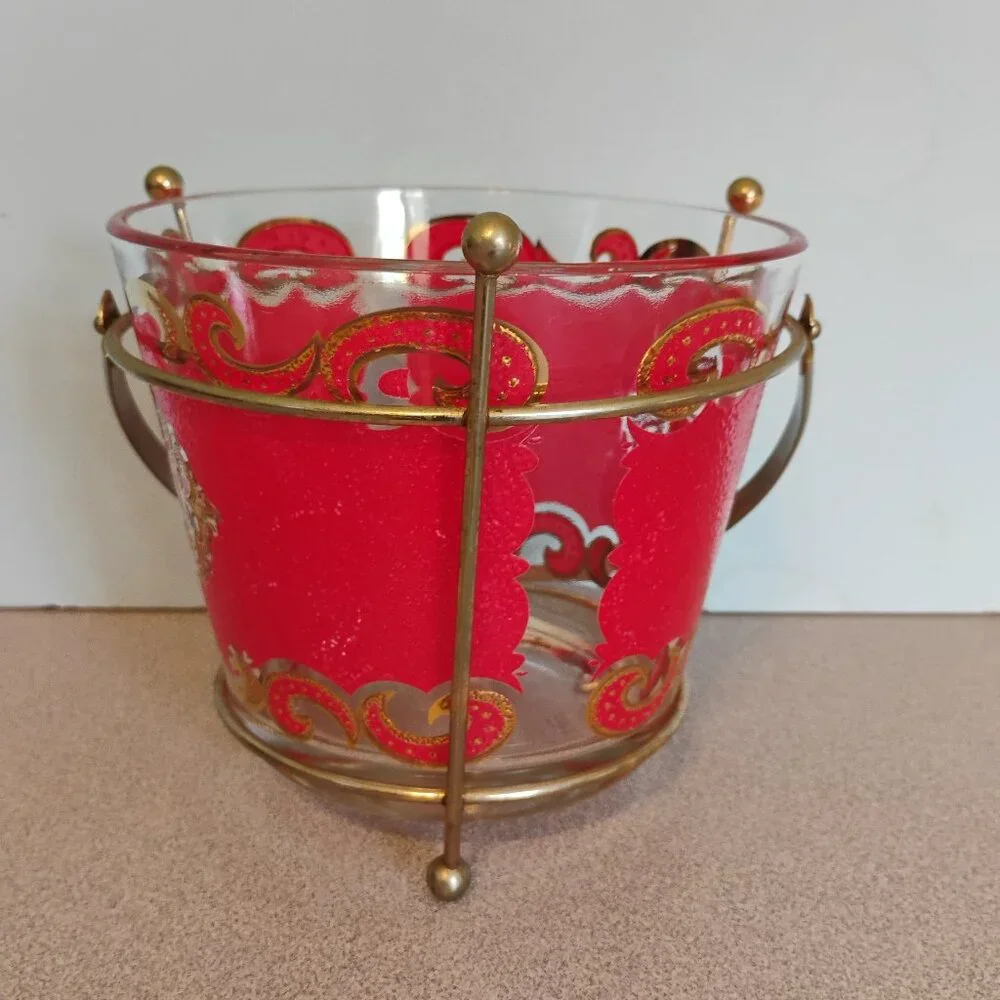 Starlyte Red Enamel and Gold Vintage Ice Bucket and Carrier